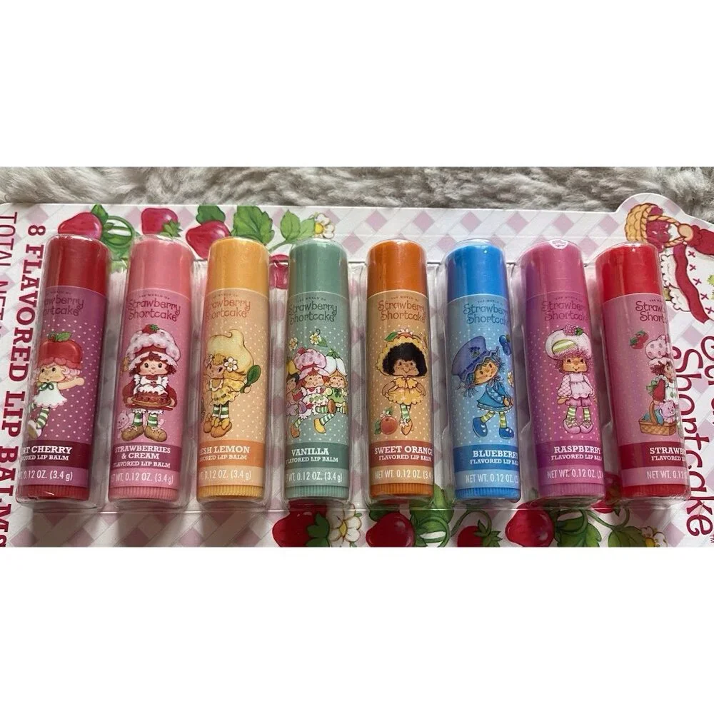 8 Pk  Strawberry Shortcake Flavored Lip Balms Cherry Vanilla Blueberry Lemon NEW